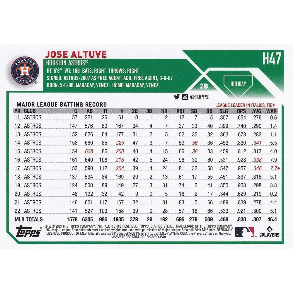 2023 Topps Holiday Jose Altuve H47 Houston Astros